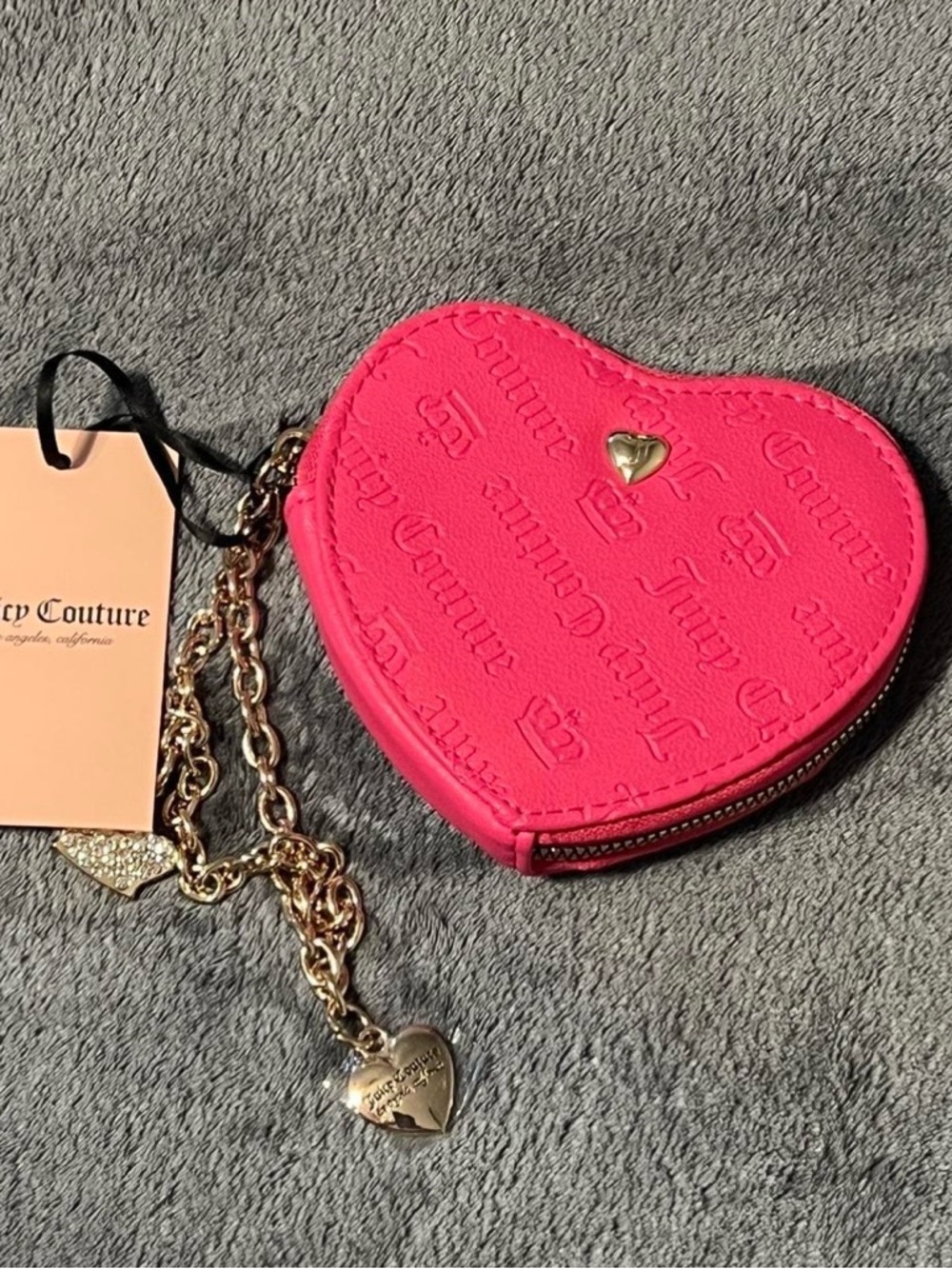 Juicy Couture Pink Heart Zip Coin Pouch with Gold Charm Chain